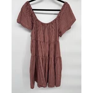 Old Navy Women's Red Gingham A-Line Dress Tiered Short Sleeve Size L